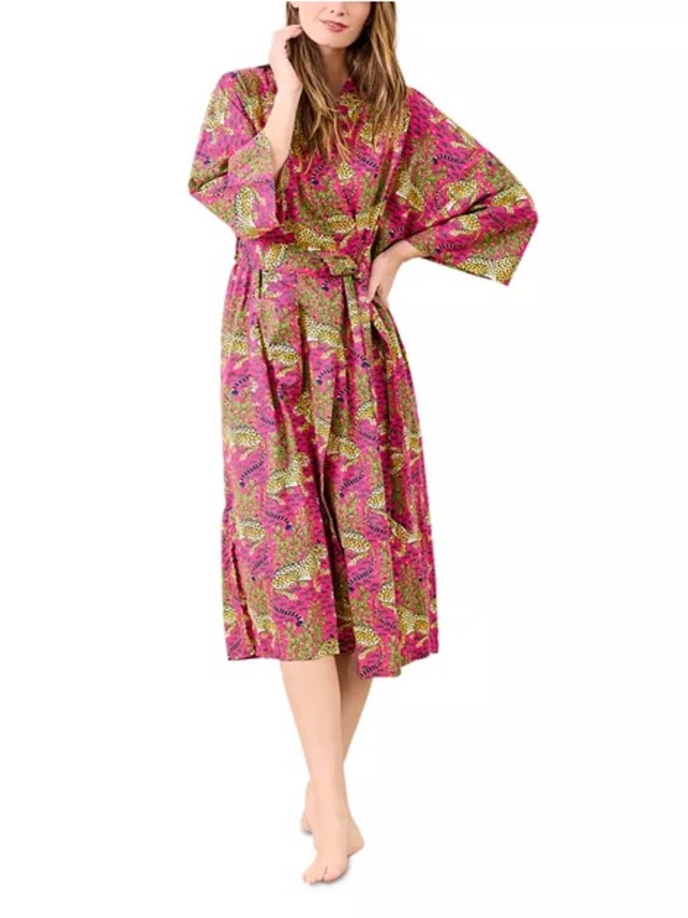 Print Fresh Robe in Bagheera Pink 100% Organic Cotton with Waist Tie S/M